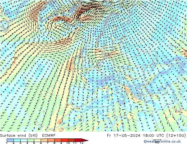Surface wind (bft) ECMWF Pá 17.05.2024 18 UTC