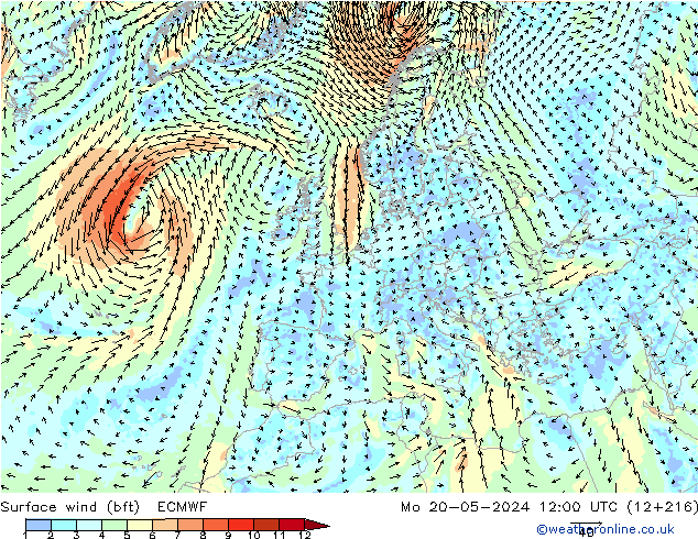 Surface wind (bft) ECMWF Po 20.05.2024 12 UTC