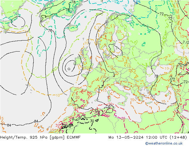 Height/Temp. 925 hPa ECMWF Mo 13.05.2024 12 UTC