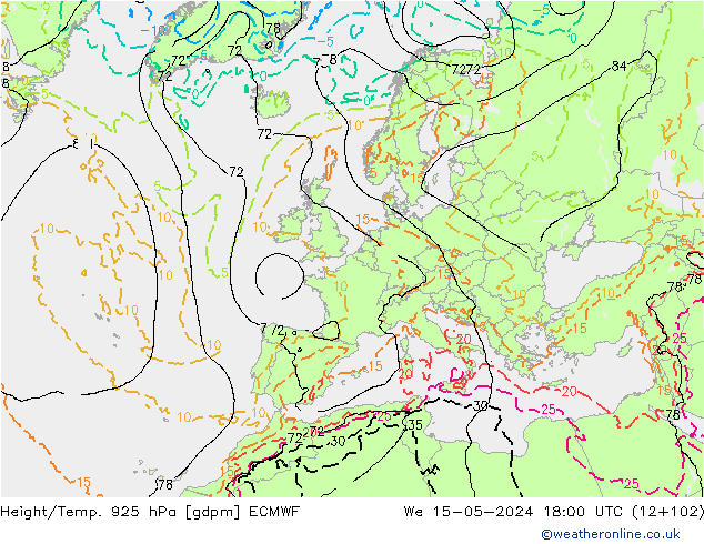 Hoogte/Temp. 925 hPa ECMWF wo 15.05.2024 18 UTC