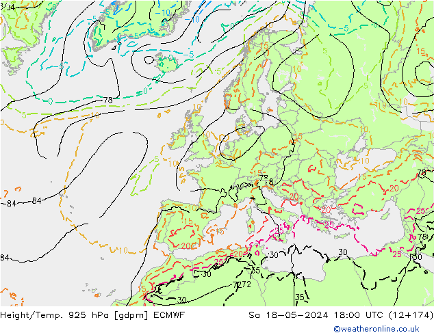 Height/Temp. 925 hPa ECMWF Sáb 18.05.2024 18 UTC
