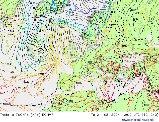 Theta-e 700hPa ECMWF wto. 21.05.2024 12 UTC