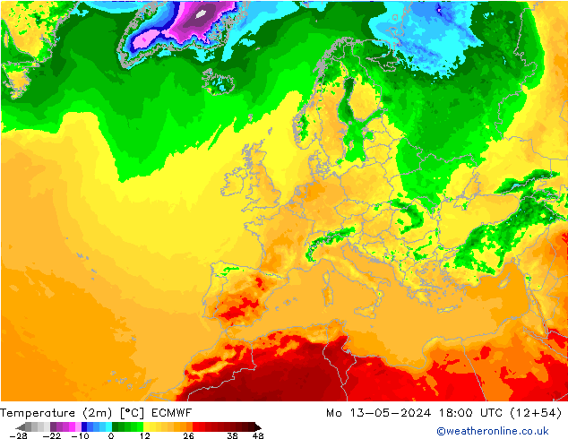 карта температуры ECMWF пн 13.05.2024 18 UTC