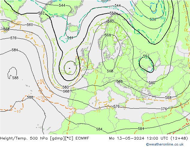 Z500/Rain (+SLP)/Z850 ECMWF pon. 13.05.2024 12 UTC