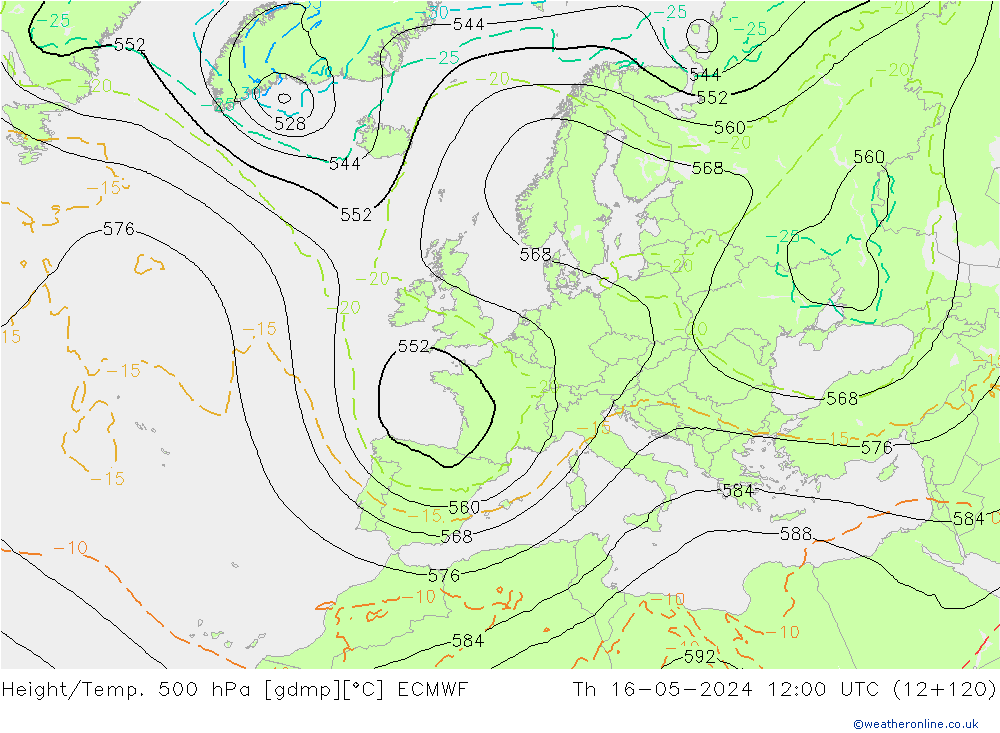 Hoogte/Temp. 500 hPa ECMWF do 16.05.2024 12 UTC