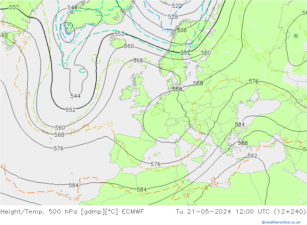 Z500/Rain (+SLP)/Z850 ECMWF Út 21.05.2024 12 UTC