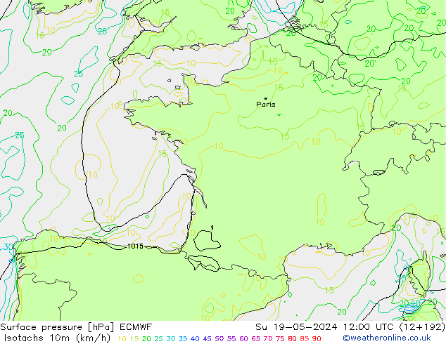 Isotachen (km/h) ECMWF zo 19.05.2024 12 UTC