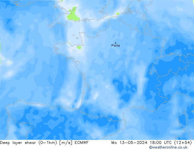 Deep layer shear (0-1km) ECMWF Mo 13.05.2024 18 UTC