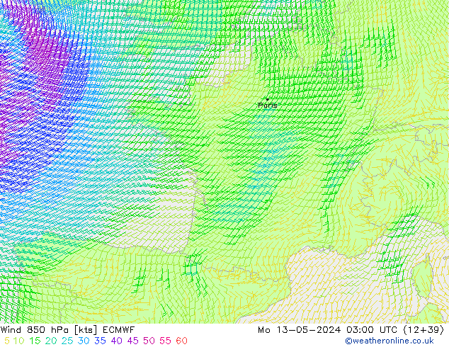 ветер 850 гПа ECMWF пн 13.05.2024 03 UTC