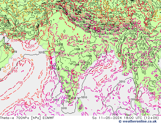 Theta-e 700hPa ECMWF Sáb 11.05.2024 18 UTC