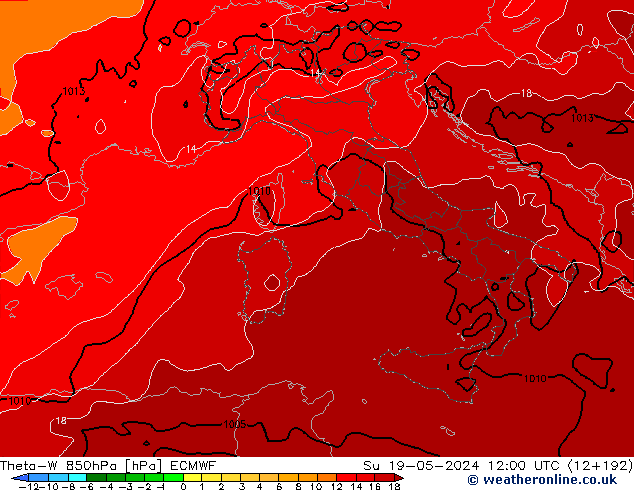 Theta-W 850гПа ECMWF Вс 19.05.2024 12 UTC