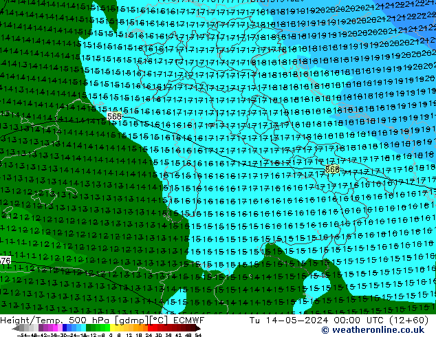 Z500/Yağmur (+YB)/Z850 ECMWF Sa 14.05.2024 00 UTC