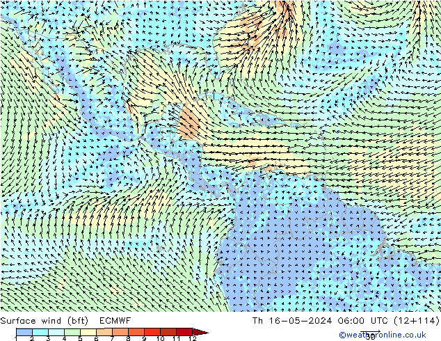 Surface wind (bft) ECMWF Čt 16.05.2024 06 UTC