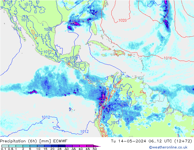 Z500/Rain (+SLP)/Z850 ECMWF wto. 14.05.2024 12 UTC