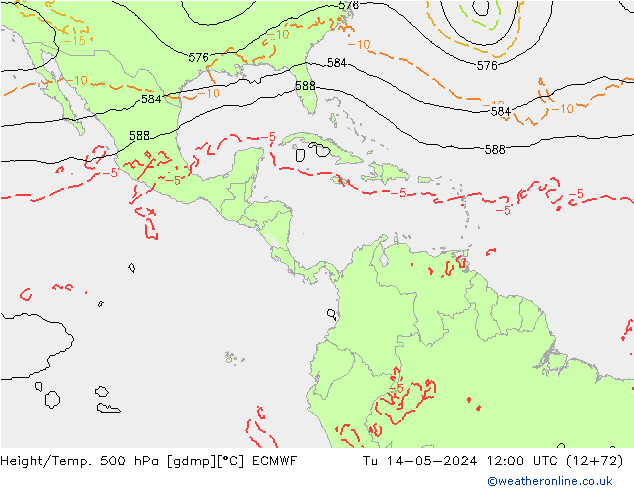 Z500/Rain (+SLP)/Z850 ECMWF wto. 14.05.2024 12 UTC