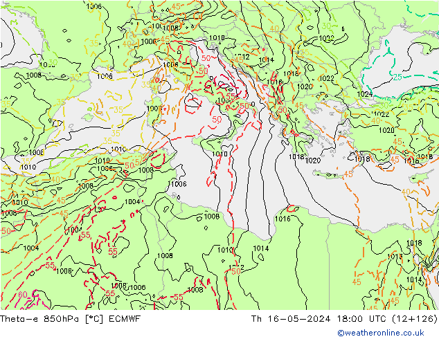 Theta-e 850hPa ECMWF Čt 16.05.2024 18 UTC