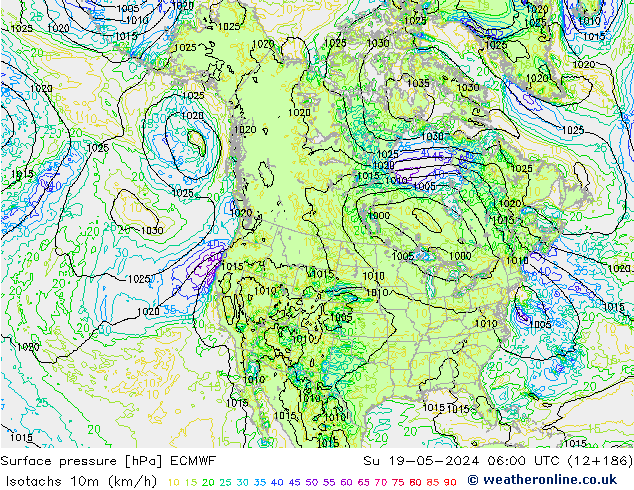 Isotachs (kph) ECMWF Su 19.05.2024 06 UTC