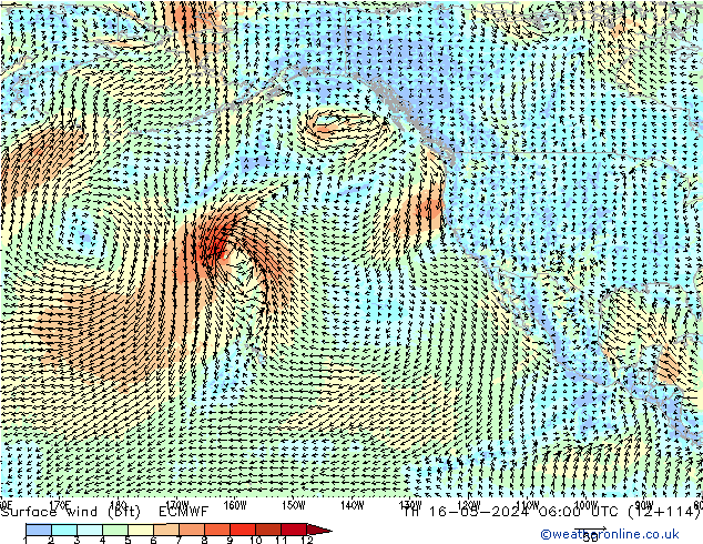 wiatr 10 m (bft) ECMWF czw. 16.05.2024 06 UTC