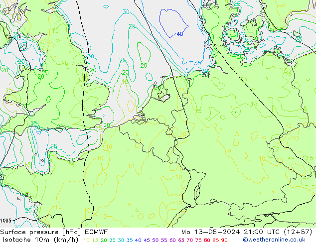 Isotachen (km/h) ECMWF Mo 13.05.2024 21 UTC