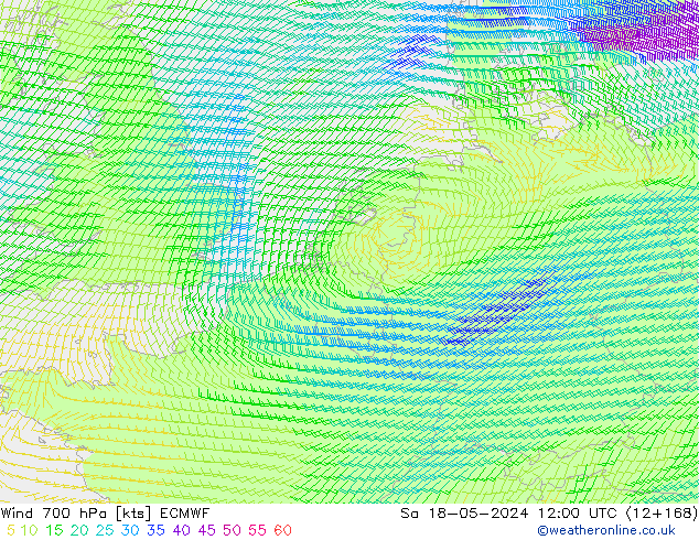 Vent 700 hPa ECMWF sam 18.05.2024 12 UTC