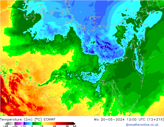 mapa temperatury (2m) ECMWF pon. 20.05.2024 12 UTC