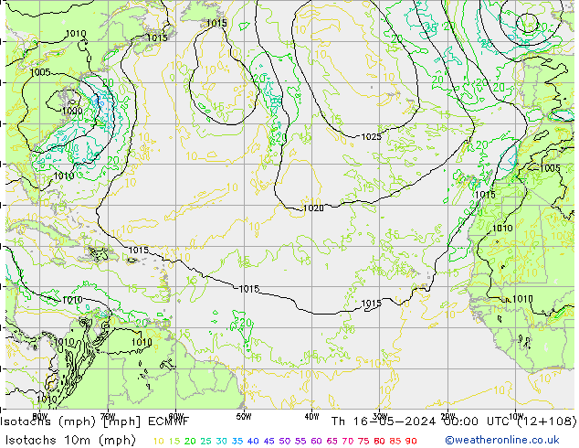 Isotachs (mph) ECMWF Čt 16.05.2024 00 UTC
