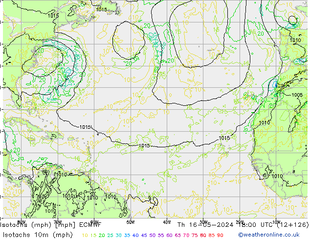 Isotachs (mph) ECMWF jeu 16.05.2024 18 UTC