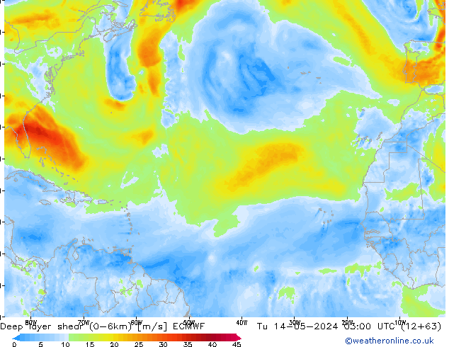 Deep layer shear (0-6km) ECMWF mar 14.05.2024 03 UTC
