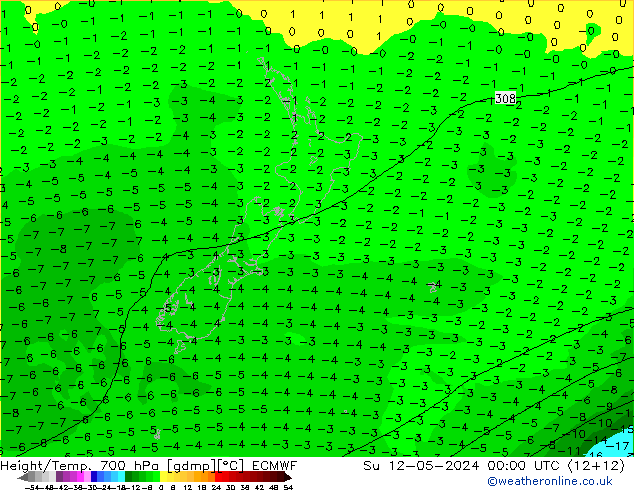Hoogte/Temp. 700 hPa ECMWF zo 12.05.2024 00 UTC