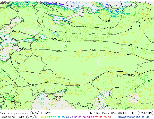 Isotachs (kph) ECMWF Th 16.05.2024 00 UTC