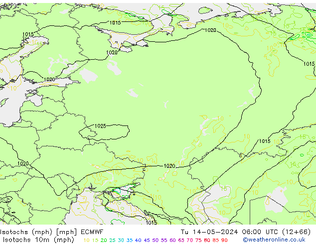 Isotachs (mph) ECMWF  14.05.2024 06 UTC