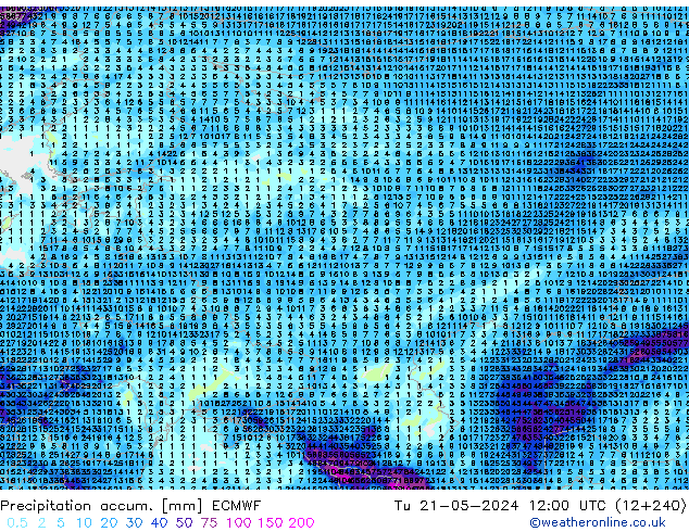 Precipitation accum. ECMWF Tu 21.05.2024 12 UTC