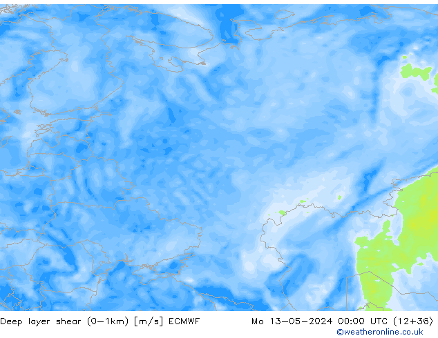 Deep layer shear (0-1km) ECMWF Seg 13.05.2024 00 UTC