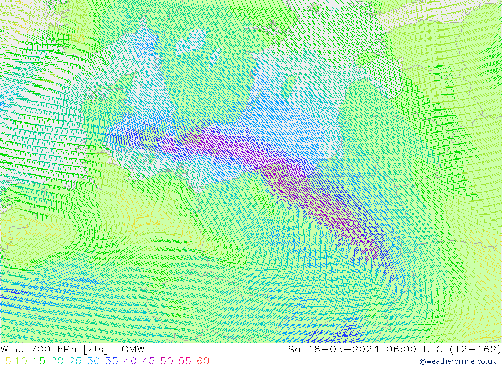 wiatr 700 hPa ECMWF so. 18.05.2024 06 UTC