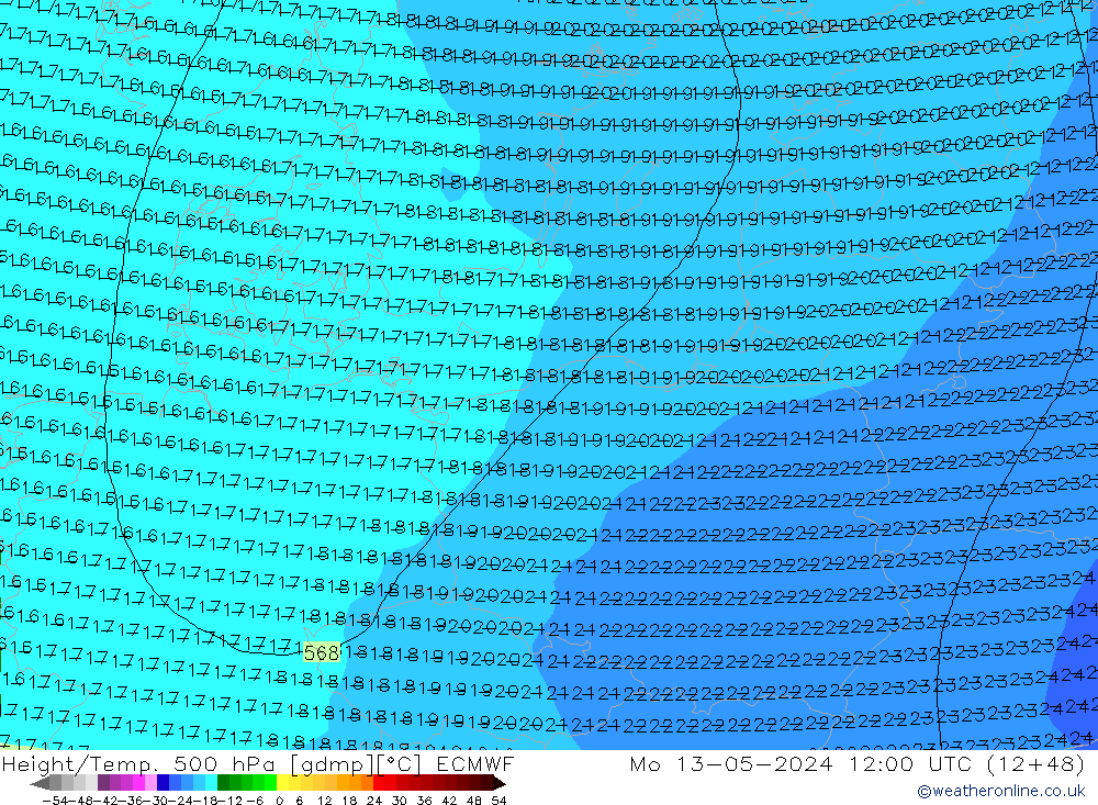 Z500/Rain (+SLP)/Z850 ECMWF Po 13.05.2024 12 UTC