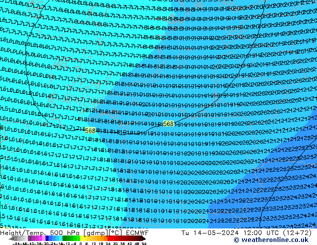 Z500/Rain (+SLP)/Z850 ECMWF Út 14.05.2024 12 UTC
