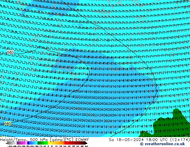 Height/Temp. 500 hPa ECMWF Sáb 18.05.2024 18 UTC