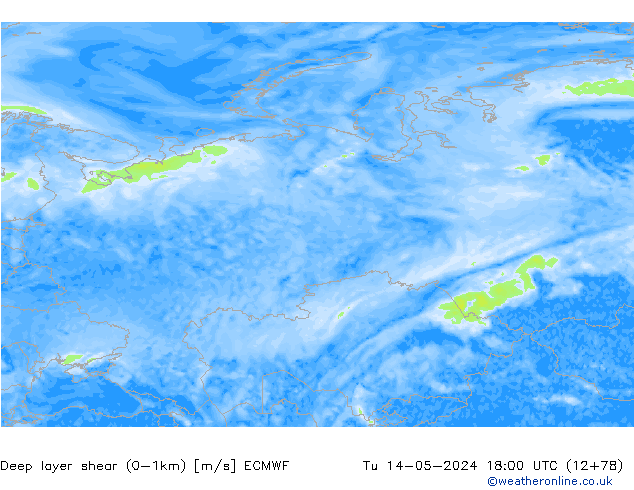 Deep layer shear (0-1km) ECMWF wto. 14.05.2024 18 UTC