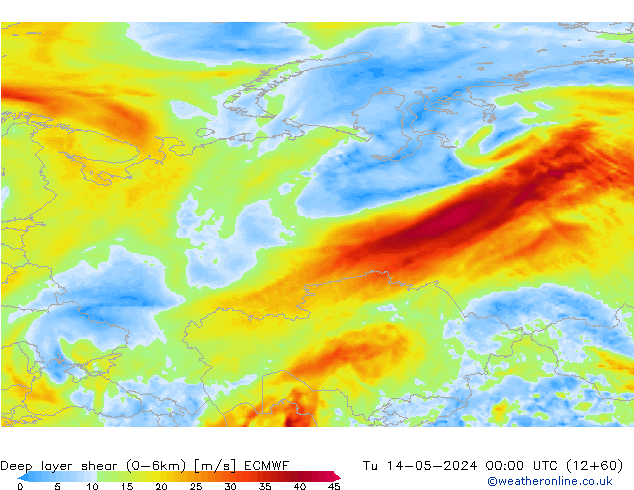 Deep layer shear (0-6km) ECMWF Ter 14.05.2024 00 UTC