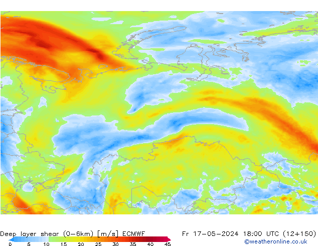 Deep layer shear (0-6km) ECMWF пт 17.05.2024 18 UTC