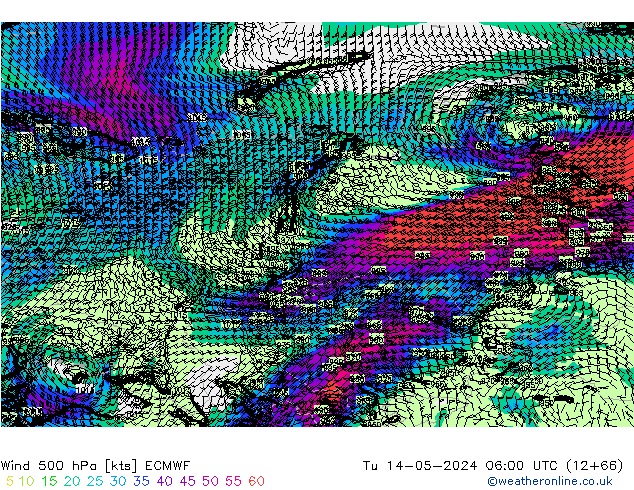 Wind 500 hPa ECMWF Tu 14.05.2024 06 UTC