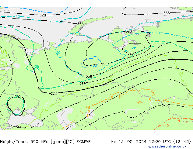 Z500/Yağmur (+YB)/Z850 ECMWF Pzt 13.05.2024 12 UTC