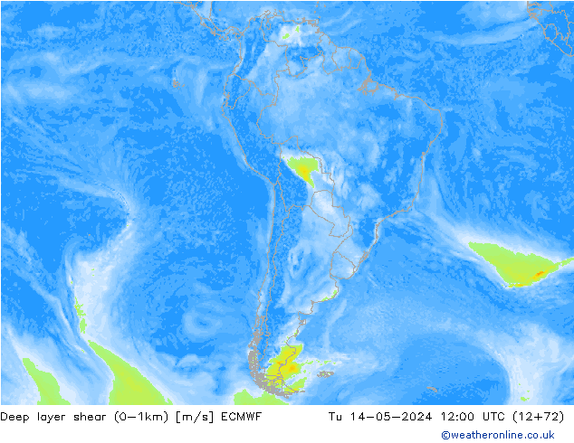 Deep layer shear (0-1km) ECMWF Tu 14.05.2024 12 UTC