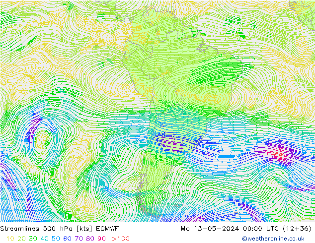Línea de corriente 500 hPa ECMWF lun 13.05.2024 00 UTC