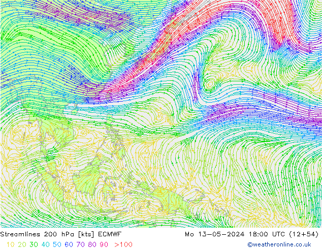 Ligne de courant 200 hPa ECMWF lun 13.05.2024 18 UTC