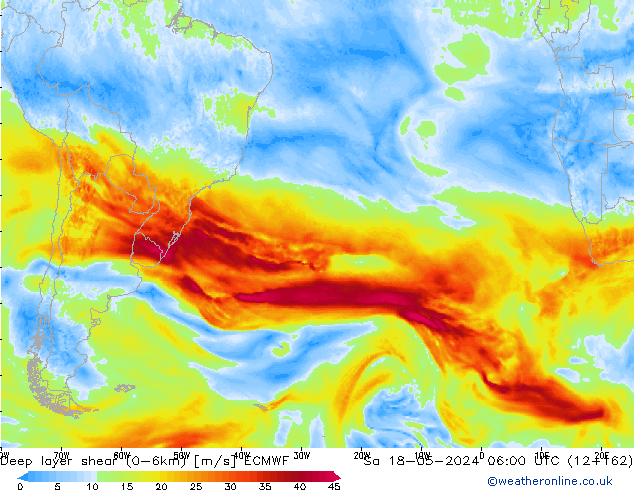 Deep layer shear (0-6km) ECMWF  18.05.2024 06 UTC