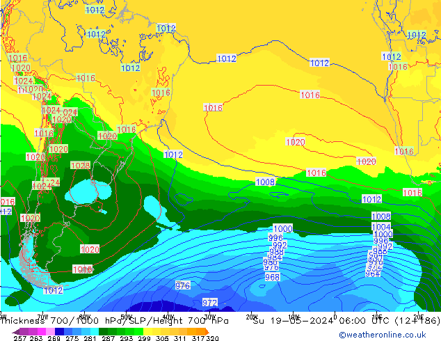 Espesor 700-1000 hPa ECMWF dom 19.05.2024 06 UTC