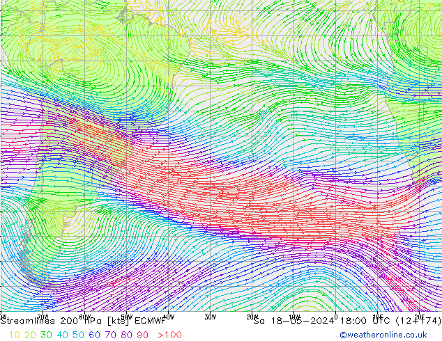 Ligne de courant 200 hPa ECMWF sam 18.05.2024 18 UTC