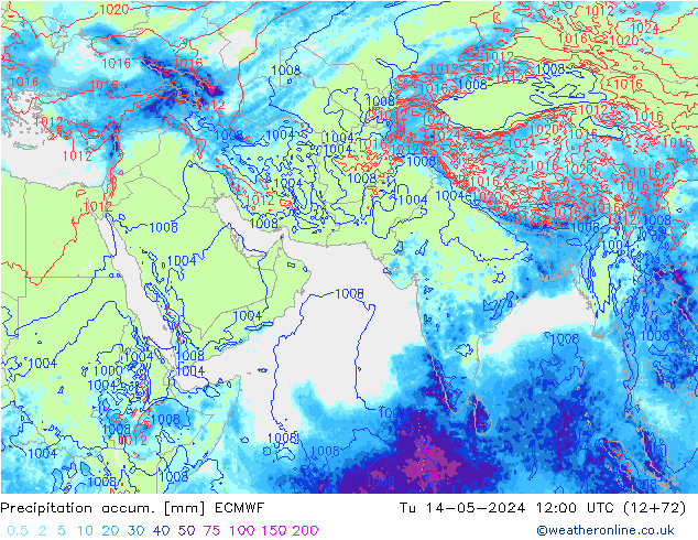 Precipitation accum. ECMWF Út 14.05.2024 12 UTC