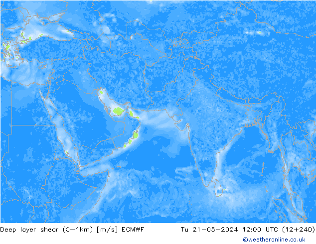 Deep layer shear (0-1km) ECMWF 星期二 21.05.2024 12 UTC